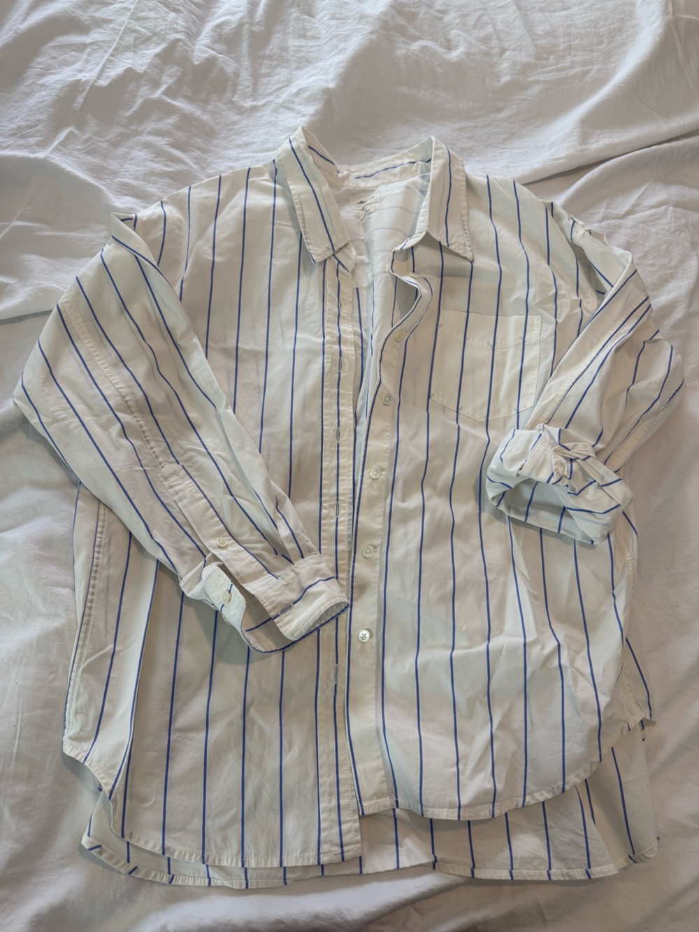 Wilfred Free Classic White and Blue Stripe Boyfriend Button-Down Shirt EUC 0755